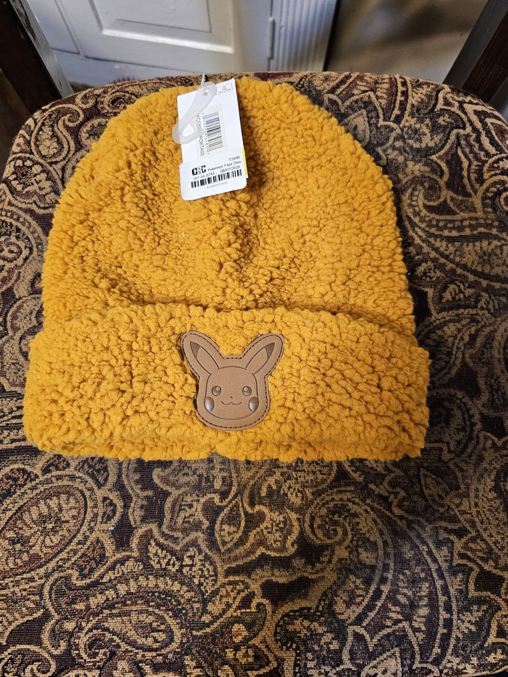 Pokemon Plush Sherpa Beanie Hat in Mustard Yellow with Pikachu Patch